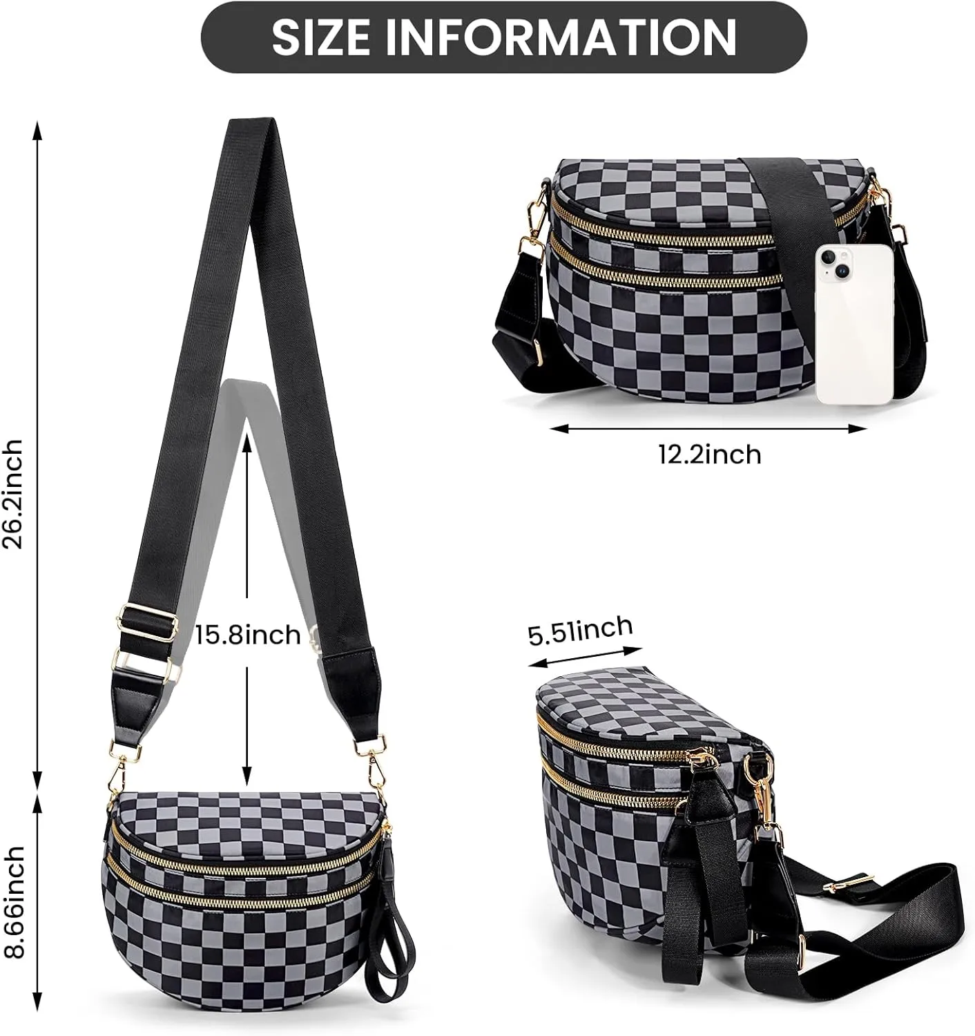 Fanny Packs for Women,Checkered bum bag Spacious Nylon Crossbody Bag Trendy Slouchy Oversized Checkered Purse 2025 (GREY)
