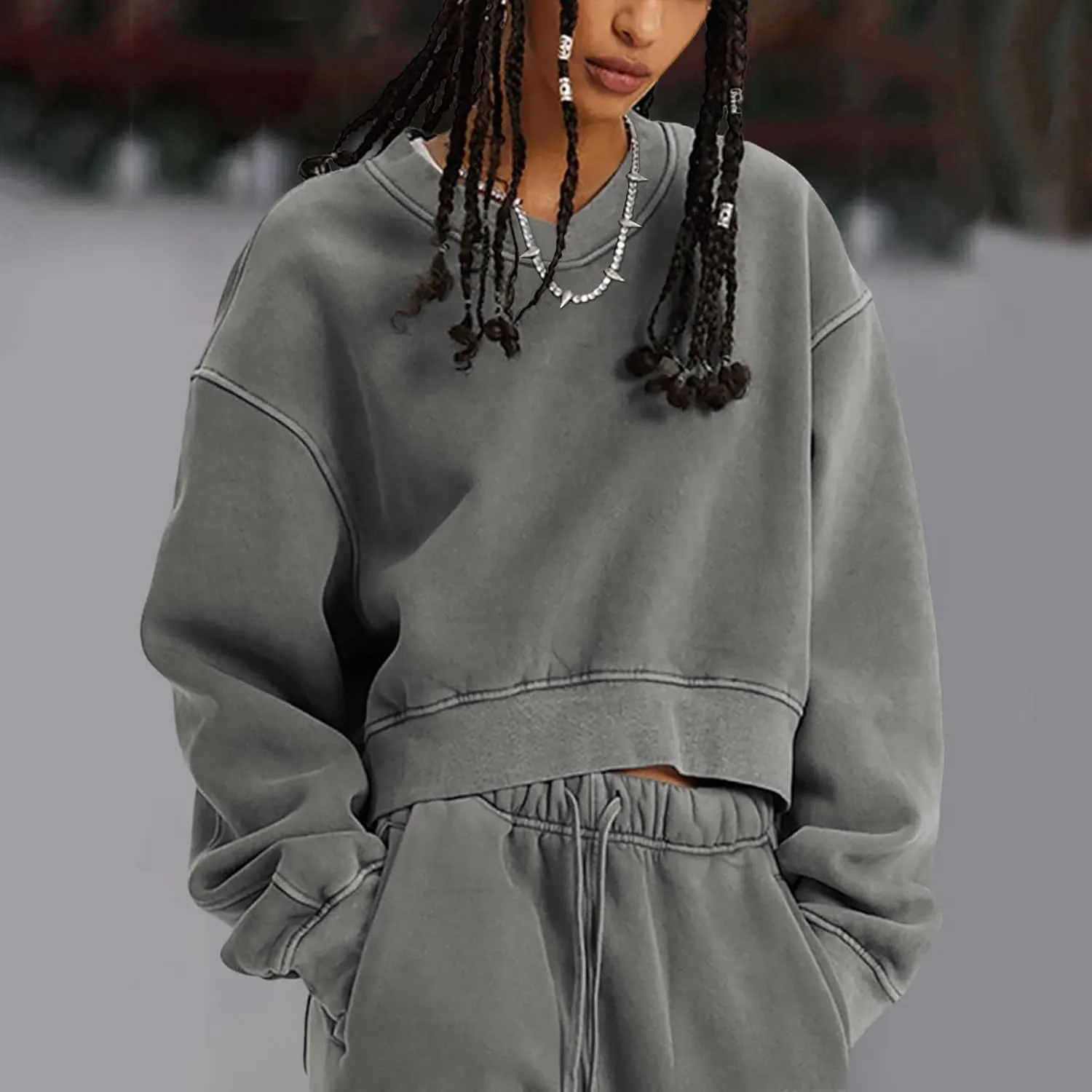 Fashion Sweatshirt for Women Acid Wash Athletic Pullover Heritage Fleece V-Neck Long Sleeve Pullover Fleece Sweatshirt