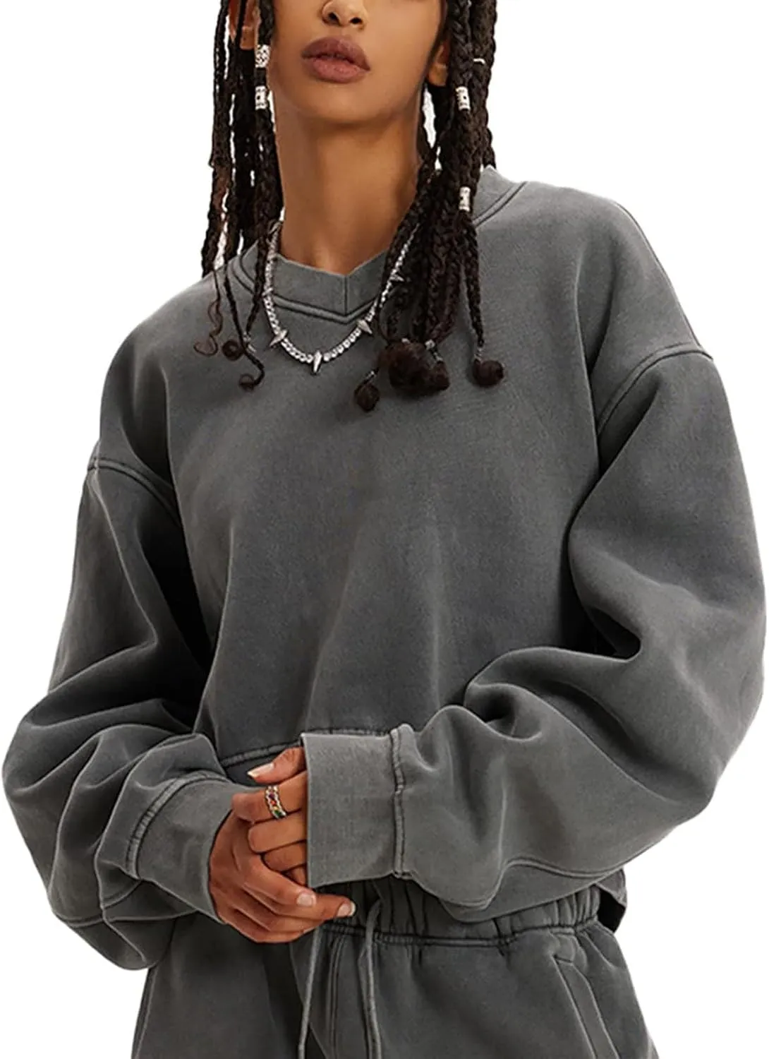 Fashion Sweatshirt for Women Acid Wash Athletic Pullover Heritage Fleece V-Neck Long Sleeve Pullover Fleece Sweatshirt