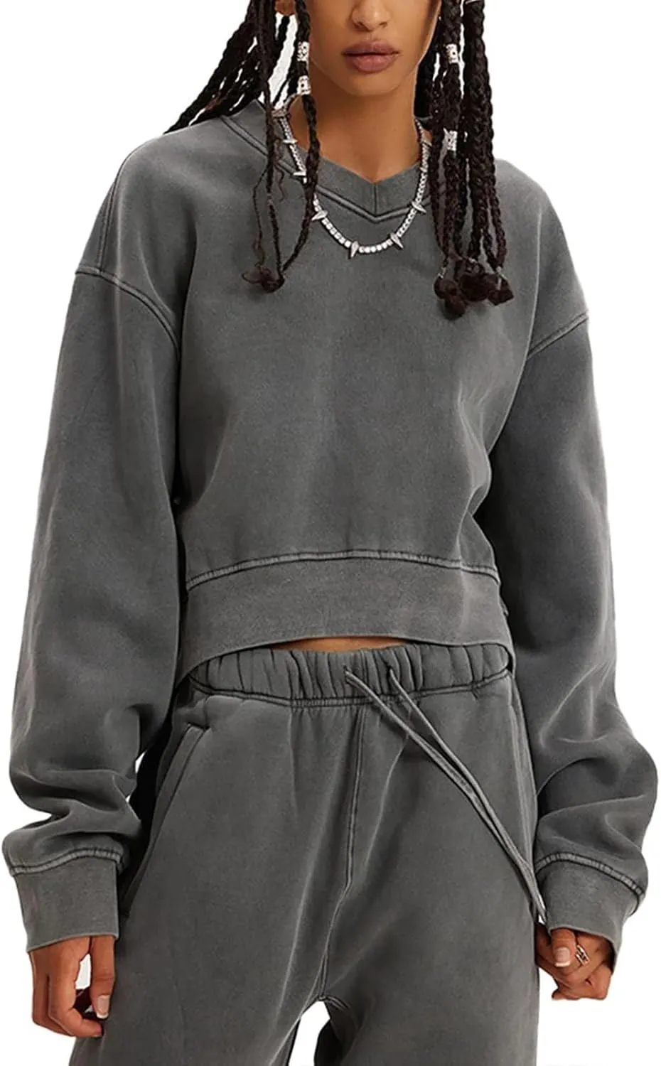 Fashion Sweatshirt for Women Acid Wash Athletic Pullover Heritage Fleece V-Neck Long Sleeve Pullover Fleece Sweatshirt