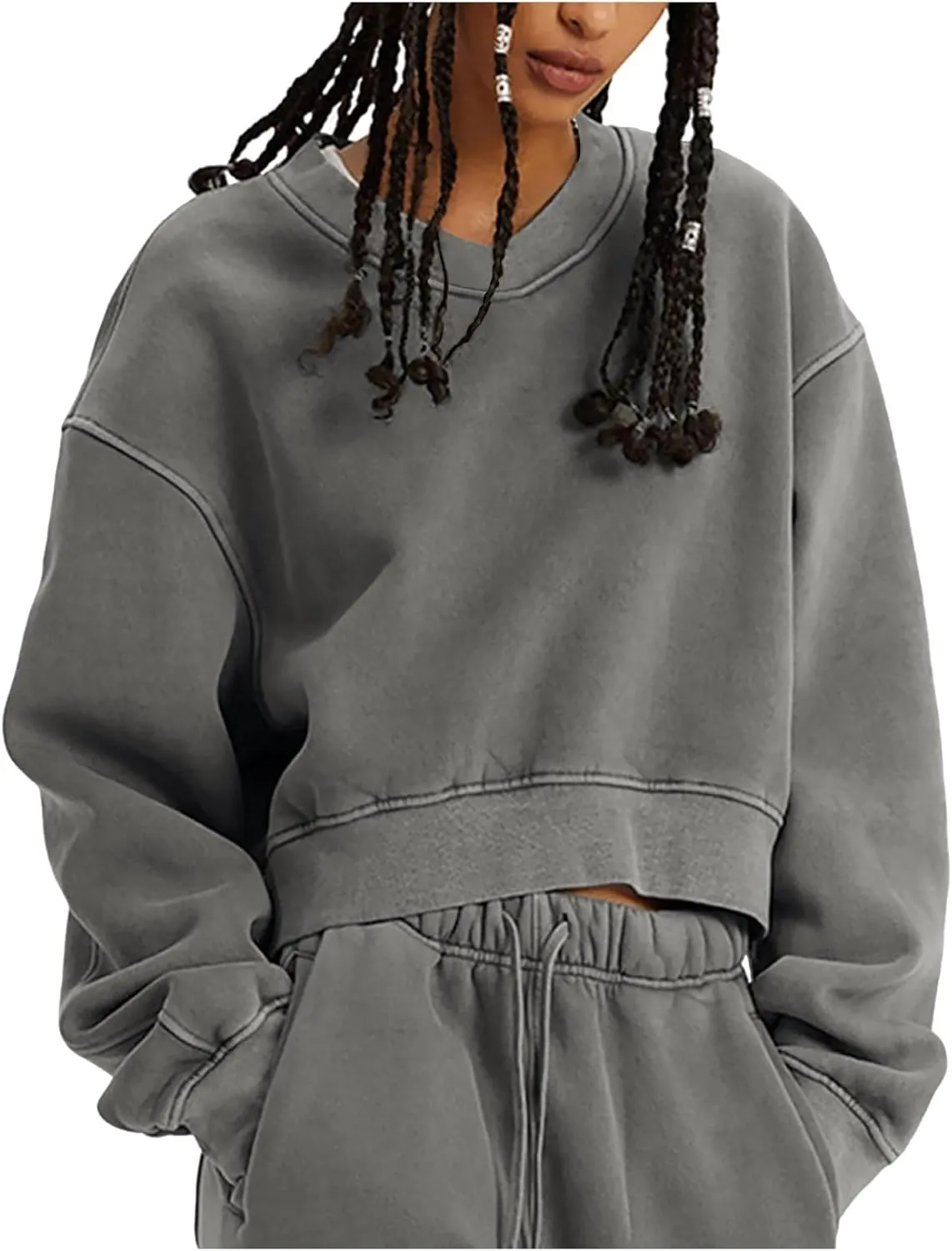 Fashion Sweatshirt for Women Acid Wash Athletic Pullover Heritage Fleece V-Neck Long Sleeve Pullover Fleece Sweatshirt