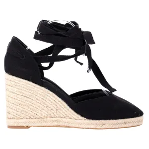 Height Fashion Edge Cut Reformation Camille Lace Up Wedge in Black Suede