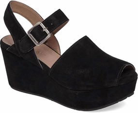 Women's Wagga Ankle Strap Wedge In Black Suede All Day Use Platform Design