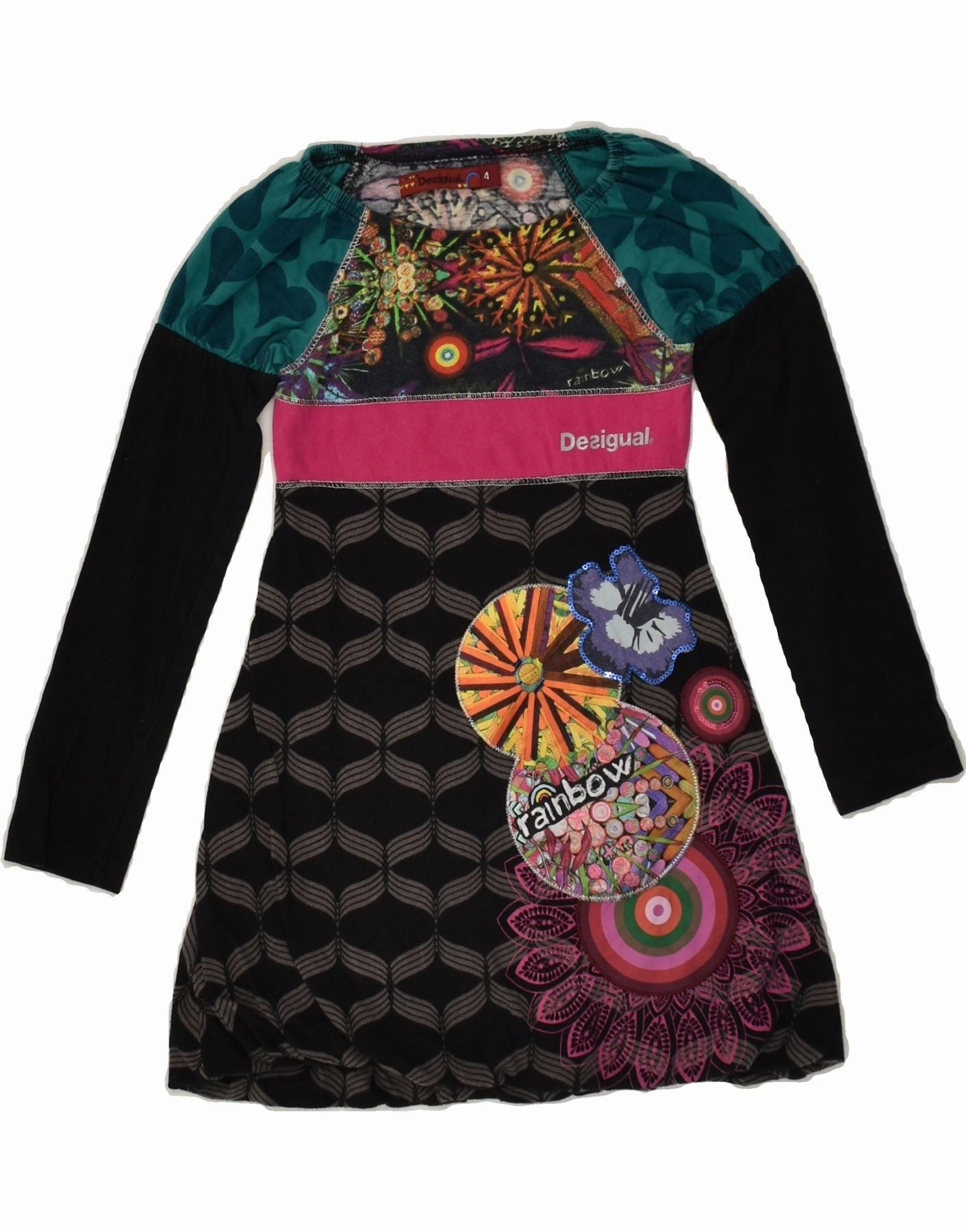 DESIGUAL Girls Long Sleeve A-Line Dress 3-4 Years Black Floral Cotton Effortless Pair Refined Cut