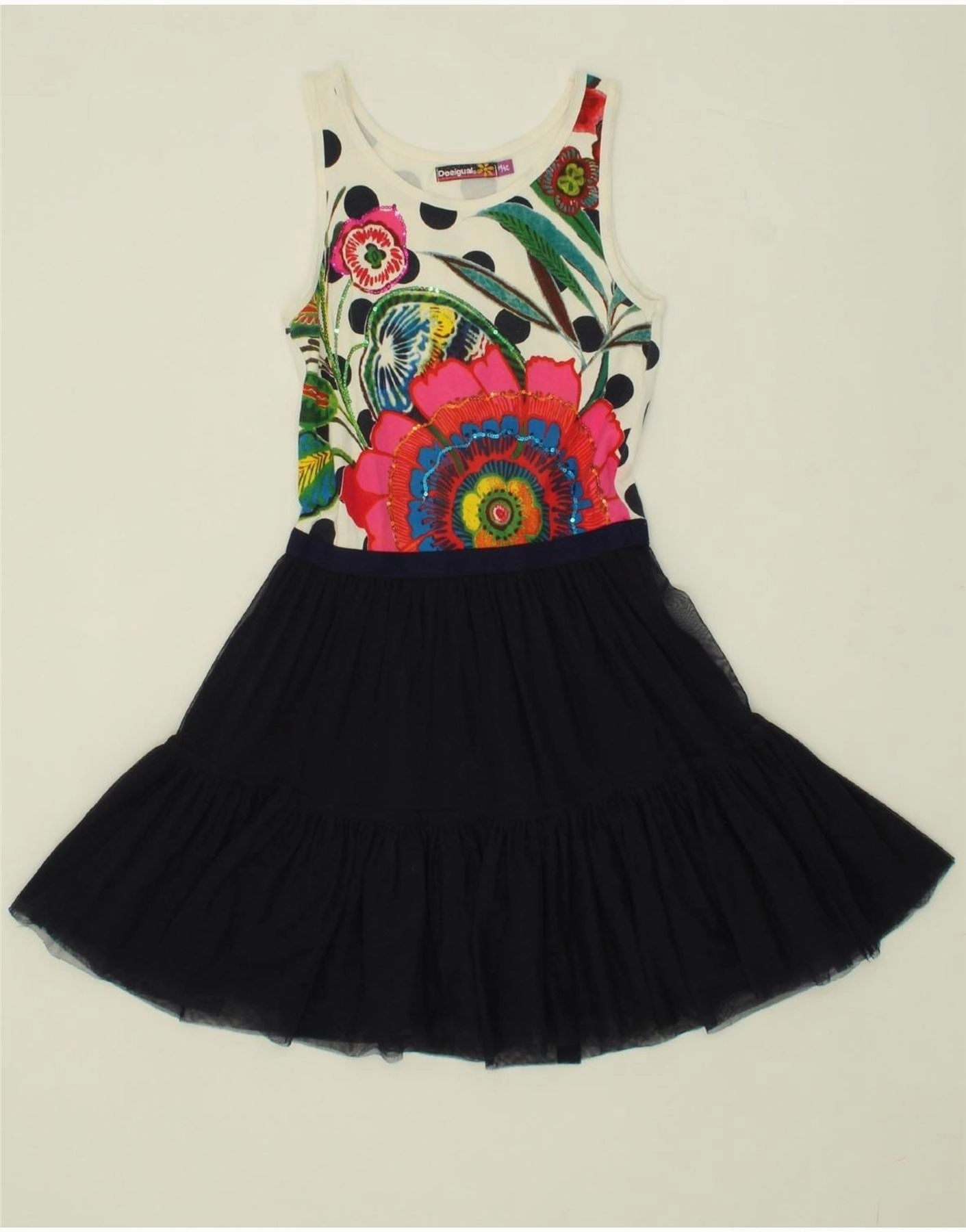 Curvy Glam Sunny Lace DESIGUAL Girls Sleeveless A-Line Dress 11-12 Years Navy Blue Floral Cotton