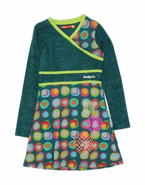 DESIGUAL Girls Graphic Long Sleeve A-Line Dress 9-10 Years Green Floral Bold Color Perfect Mood
