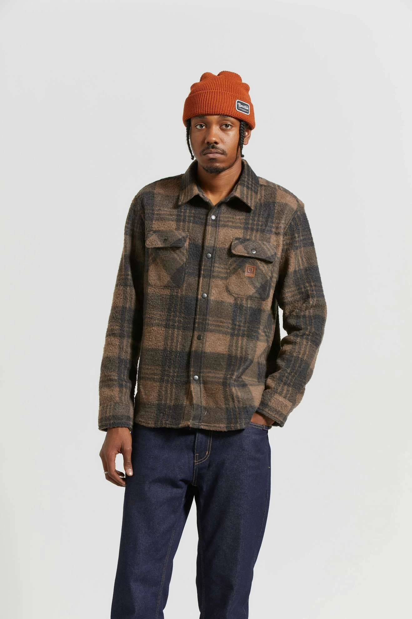 Bowery Arctic Stretch L/S Fleece - Burro Brown/Black Plaid Hooded Neckline Smart Look