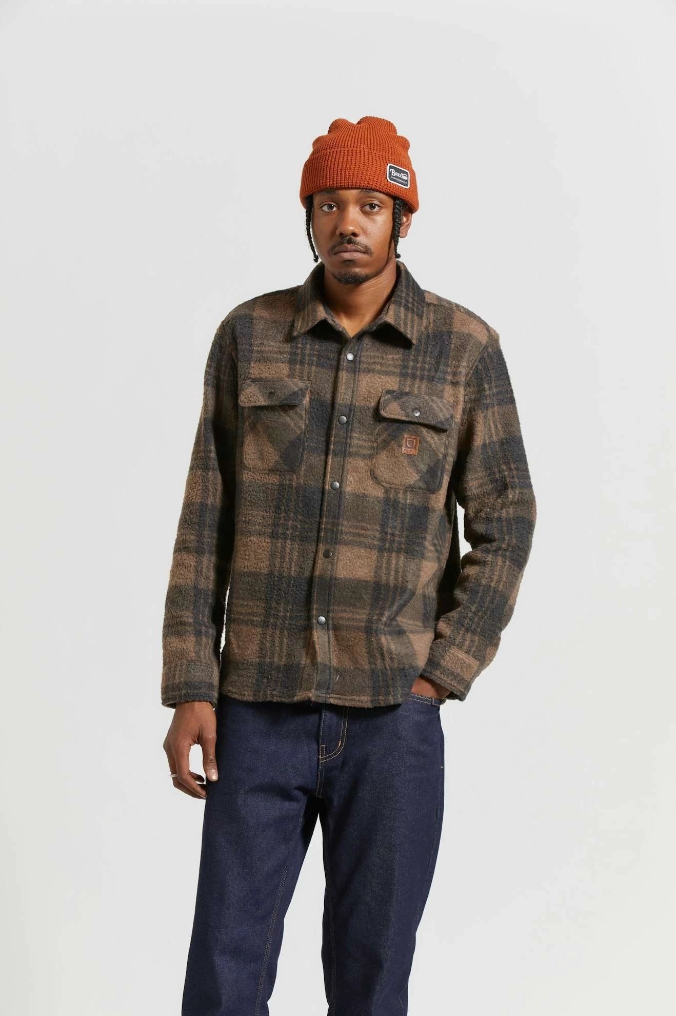 Bowery Arctic Stretch L/S Fleece - Burro Brown/Black Plaid Festival Outfit Reinforced Collar