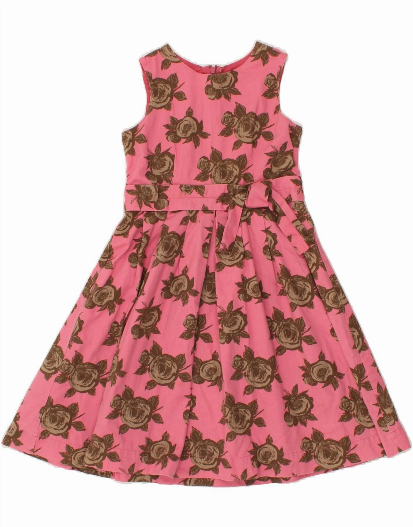 BODEN Girls Sleeveless A-Line Dress 7-8 Years Pink Floral Cotton Polished Details