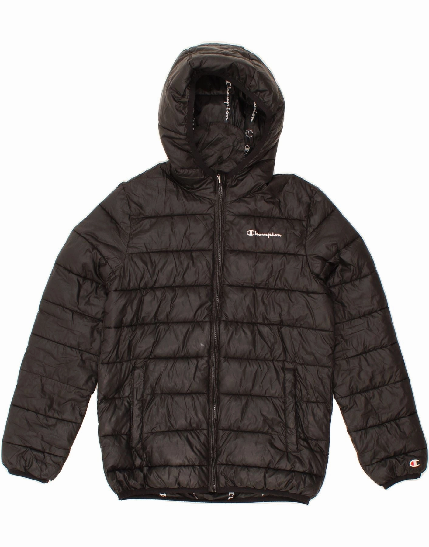 Weather Coat Tear Resistant Fabric CHAMPION Boys Hooded Padded Jacket 11-12 Years Large Black Polyester