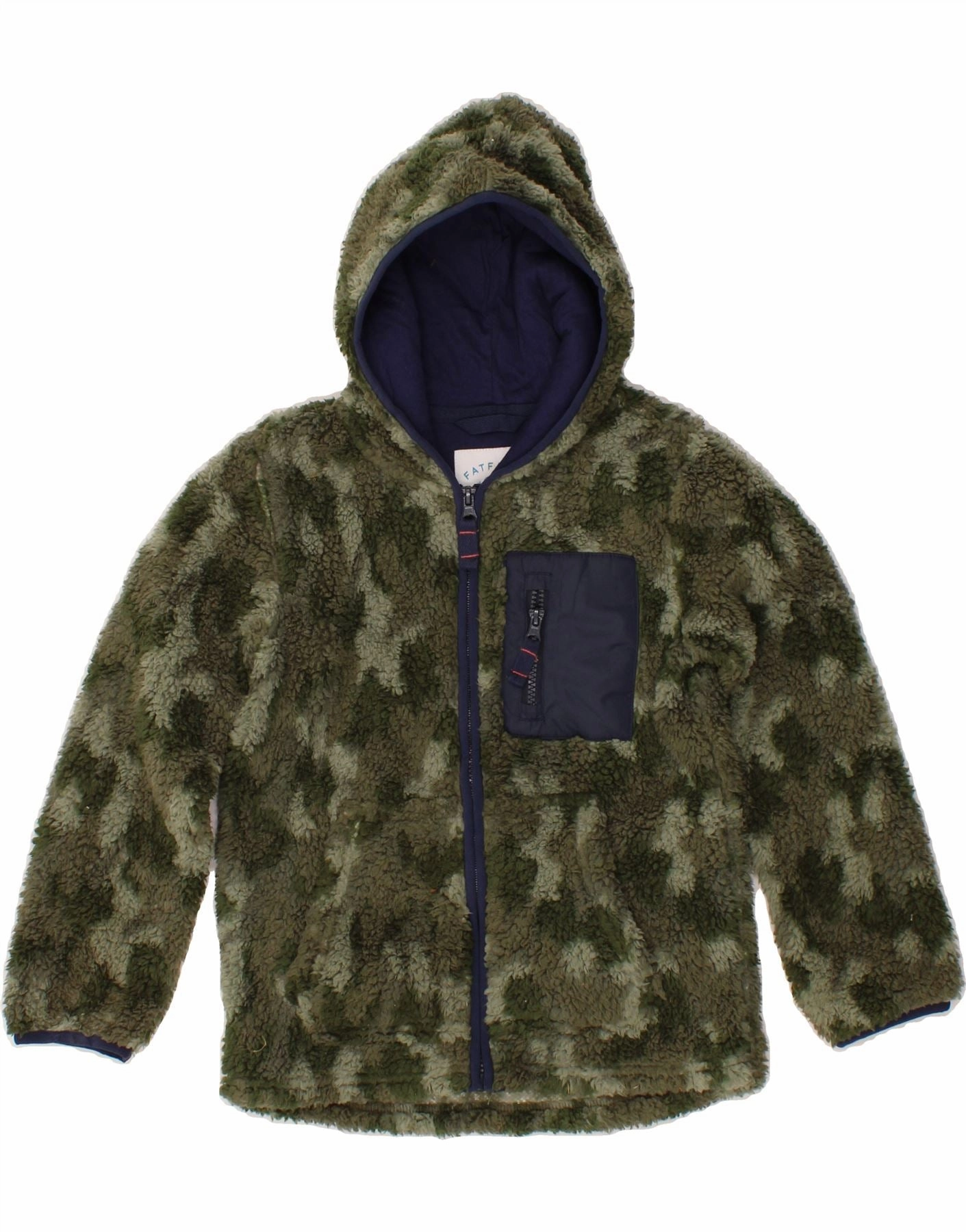 FAT FACE Boys Hooded Fleece Jacket 7-8 Years Green Camouflage Polyester Breathable Lining