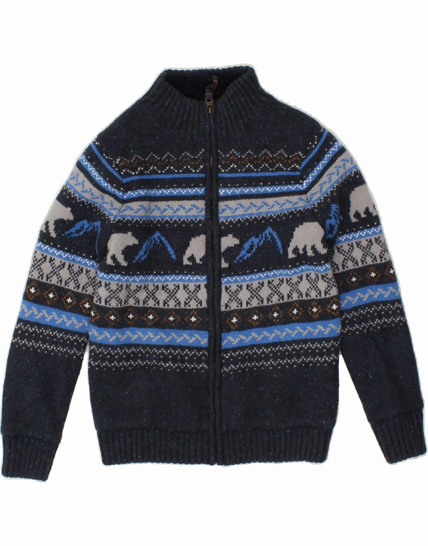 FAT FACE Boys Knit Bomber Jacket 8-9 Years Navy Blue Fair Isle Cotton Minimal Form