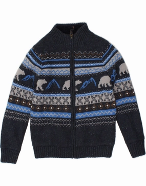 FAT FACE Boys Knit Bomber Jacket 8-9 Years Navy Blue Fair Isle Cotton Minimal Form