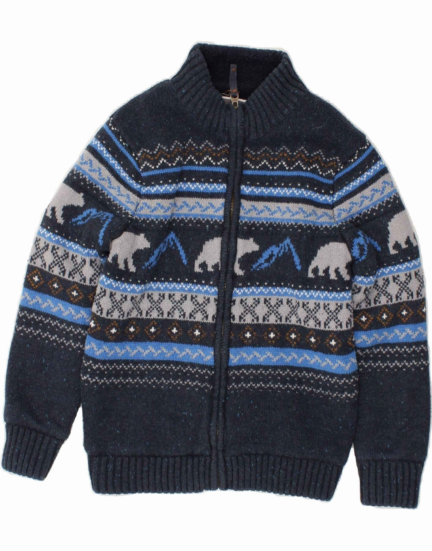 Thermal Insulation Layer FAT FACE Boys Knit Sherpa Jacket 8-9 Years Navy Blue Fair Isle Cotton