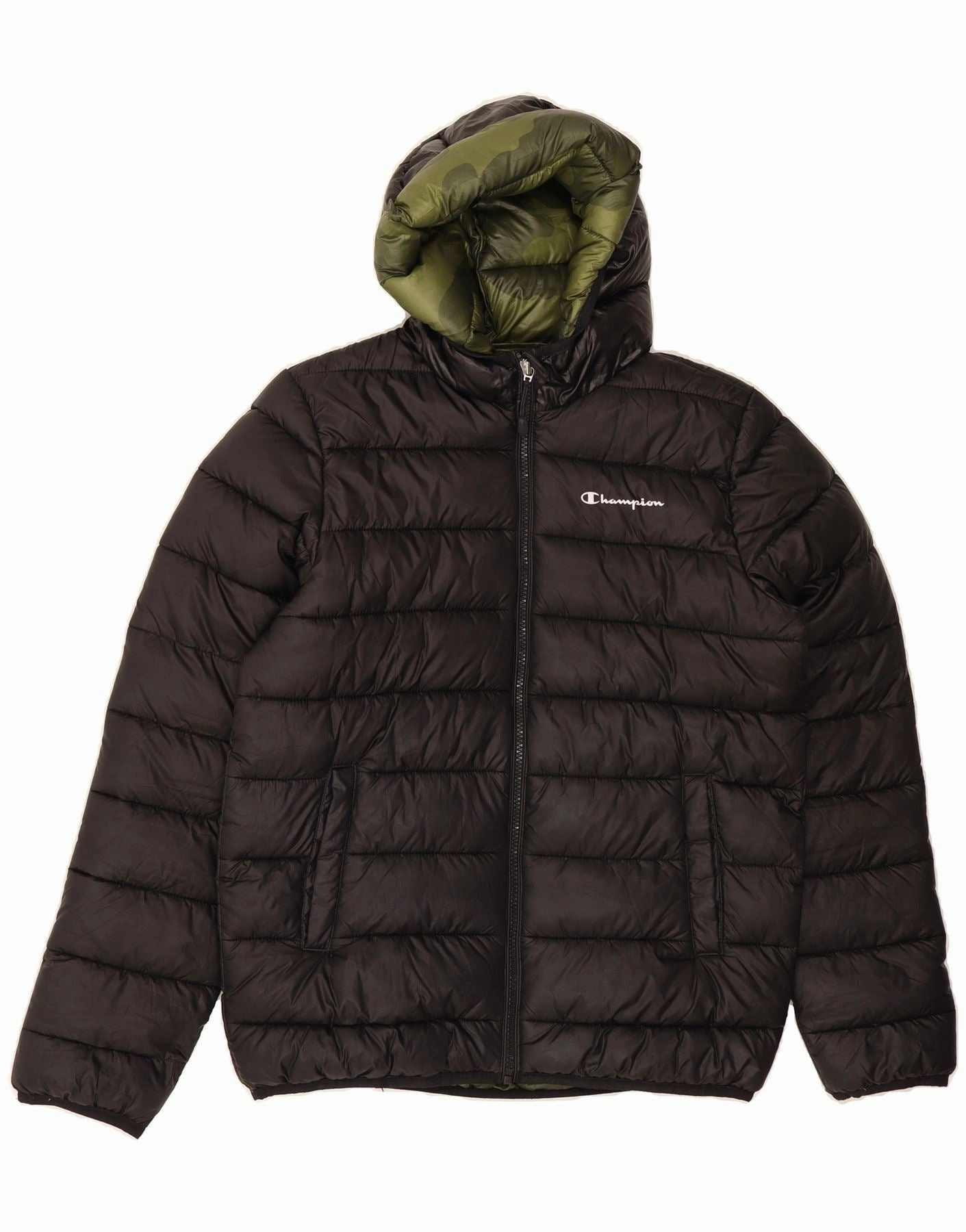 Cold Weather Noise Reduced Fabric CHAMPION Boys Graphic Hooded Padded Jacket 13-14 Years XL Black Polyester