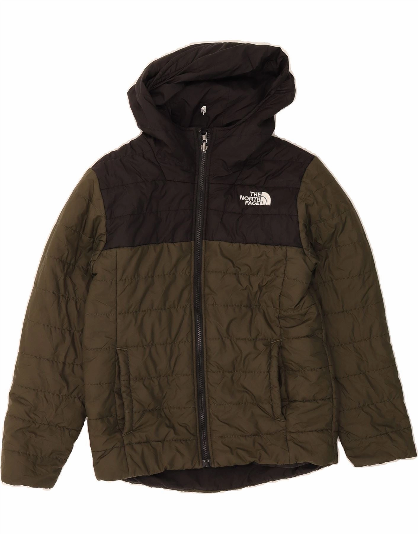 Quick Layering THE NORTH FACE Boys Reversible Padded Jacket 9-10 Years Medium Khaki