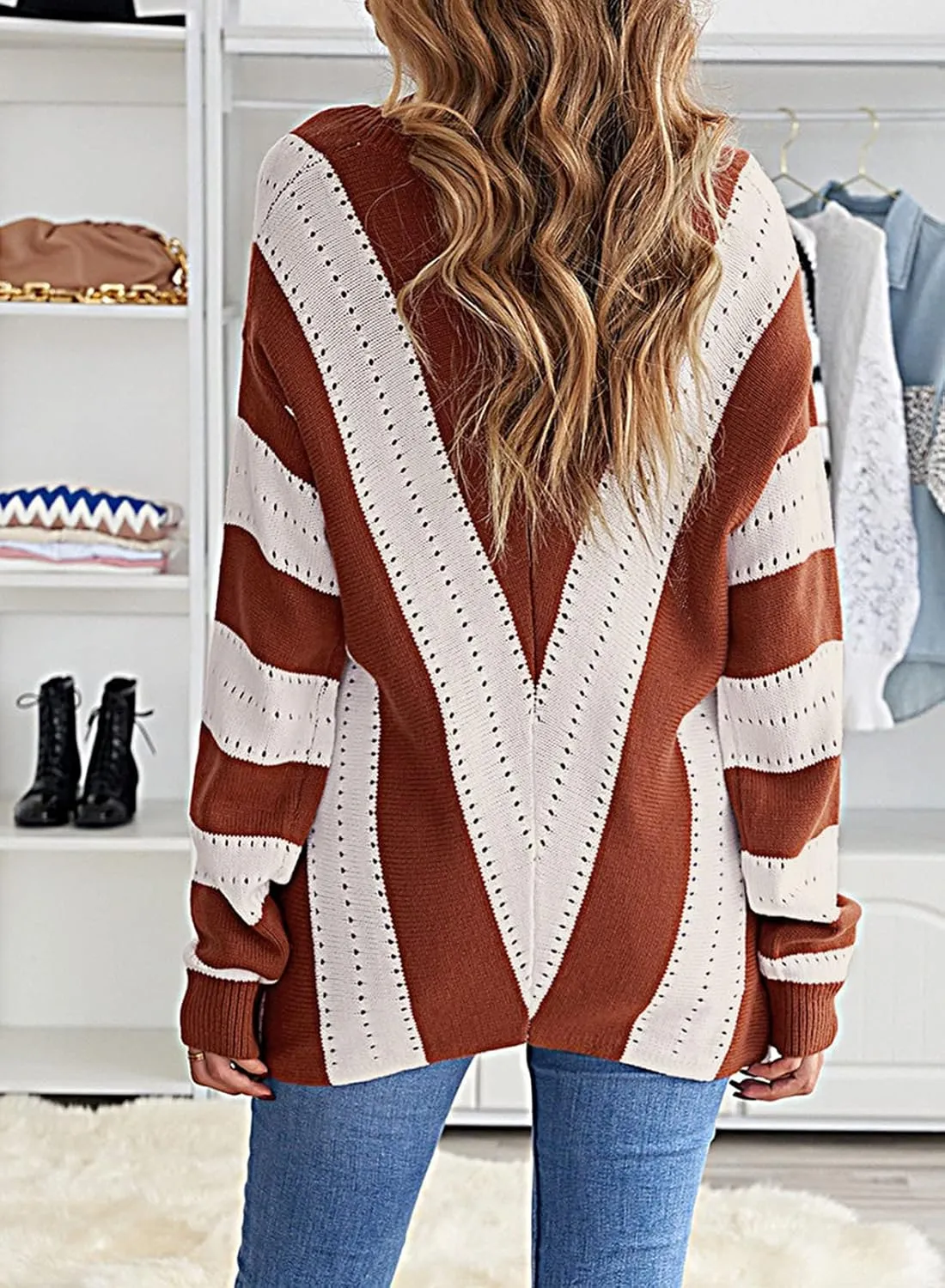 FEKOAFE Womens 2025 Deep V Neck Sweaters Striped Long Sleeve Knit Pullover Sweaters for Women