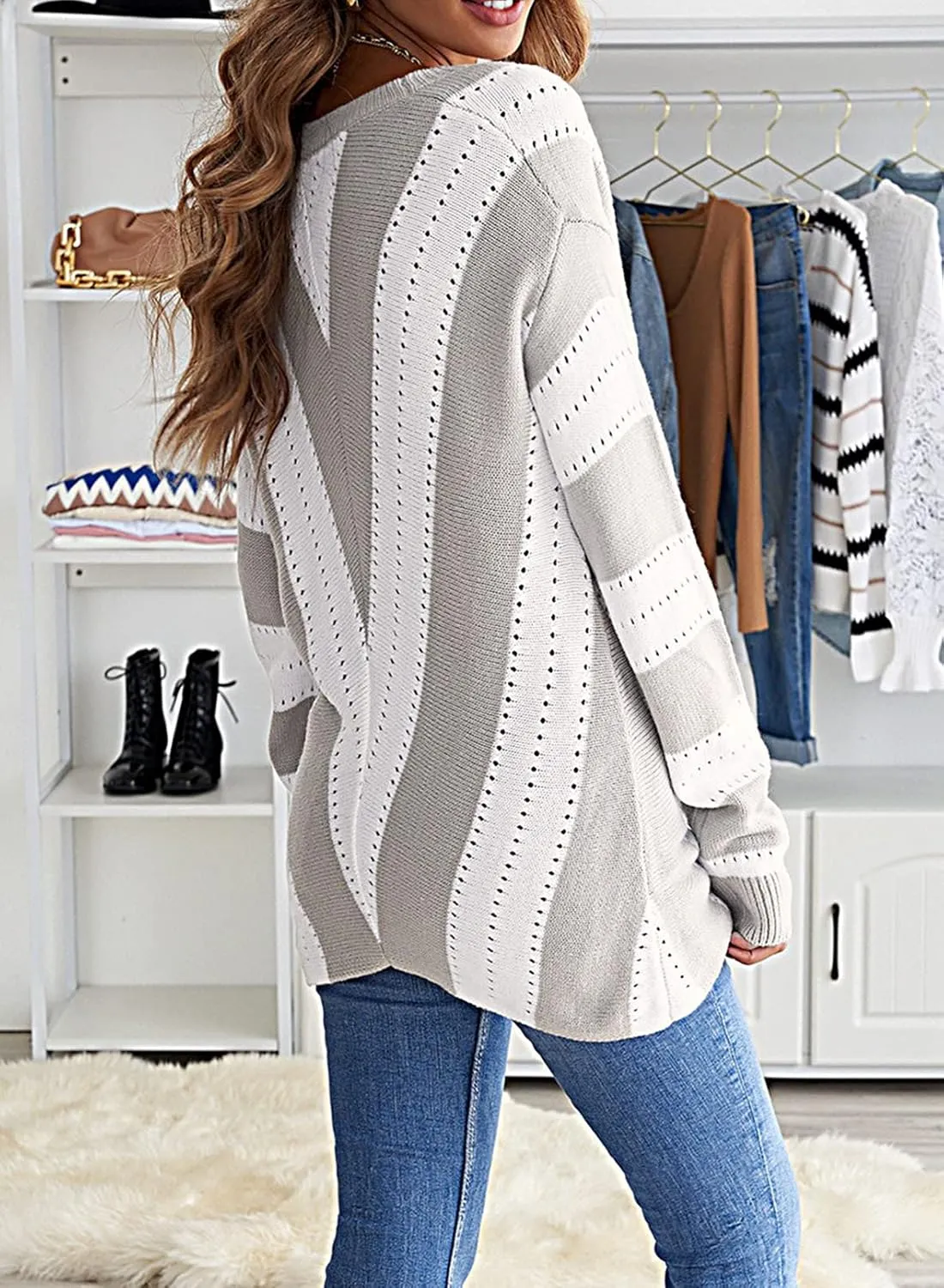 FEKOAFE Womens 2025 Deep V Neck Sweaters Striped Long Sleeve Knit Pullover Sweaters for Women
