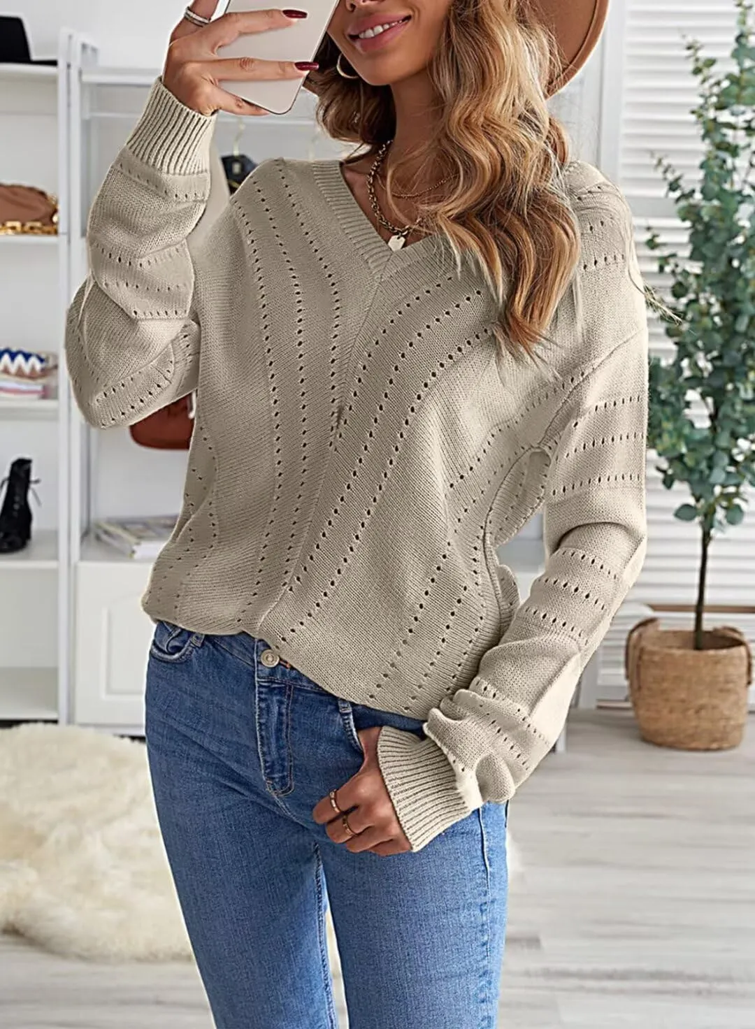 FEKOAFE Womens 2025 Deep V Neck Sweaters Striped Long Sleeve Knit Pullover Sweaters for Women
