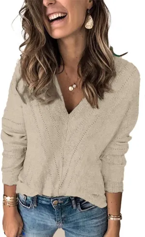 FEKOAFE Womens 2025 Deep V Neck Sweaters Striped Long Sleeve Knit Pullover Sweaters for Women