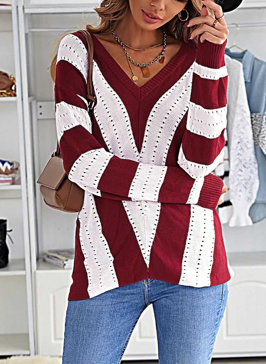 FEKOAFE Womens 2025 Deep V Neck Sweaters Striped Long Sleeve Knit Pullover Sweaters for Women
