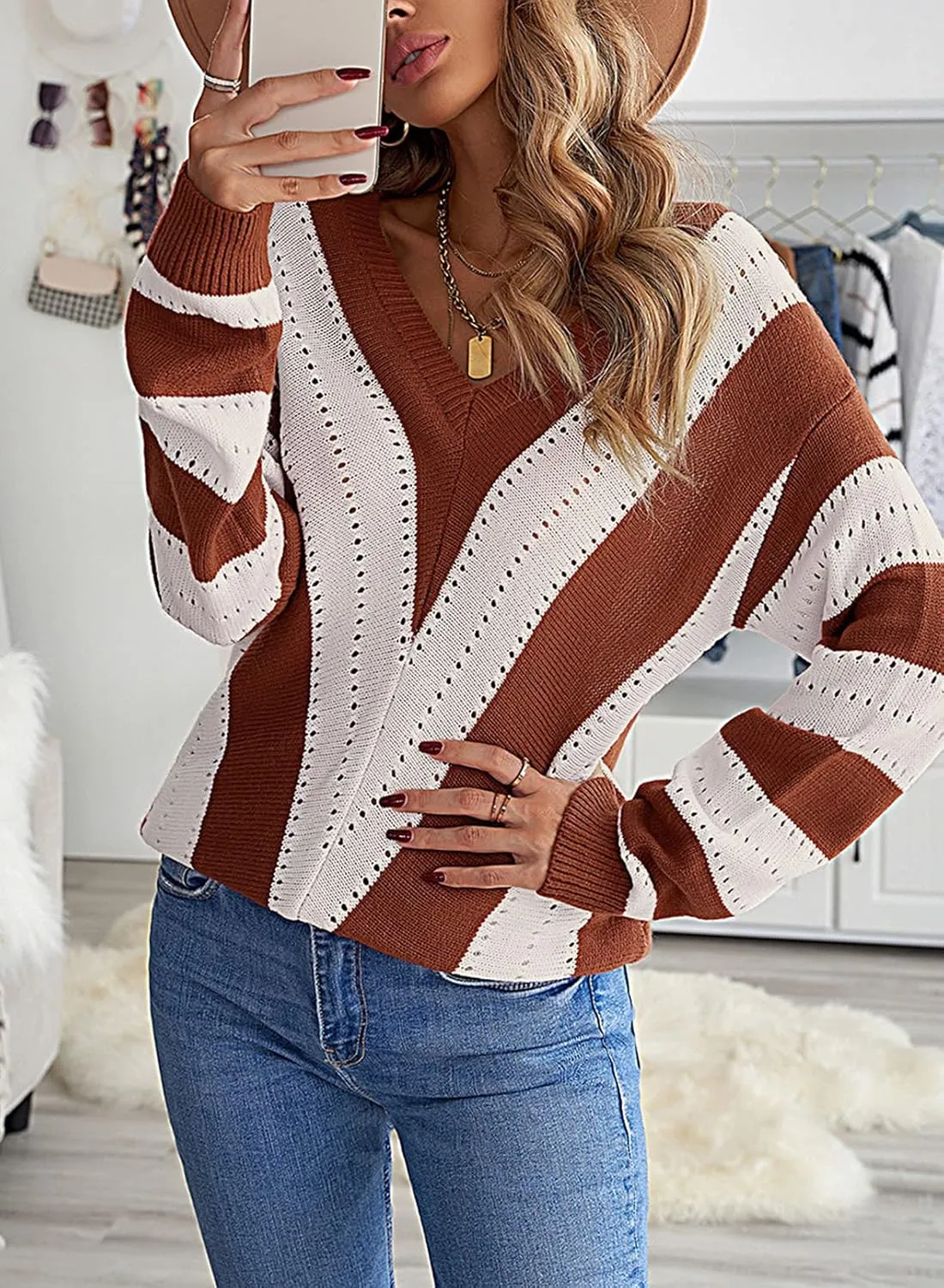 FEKOAFE Womens 2025 Deep V Neck Sweaters Striped Long Sleeve Knit Pullover Sweaters for Women