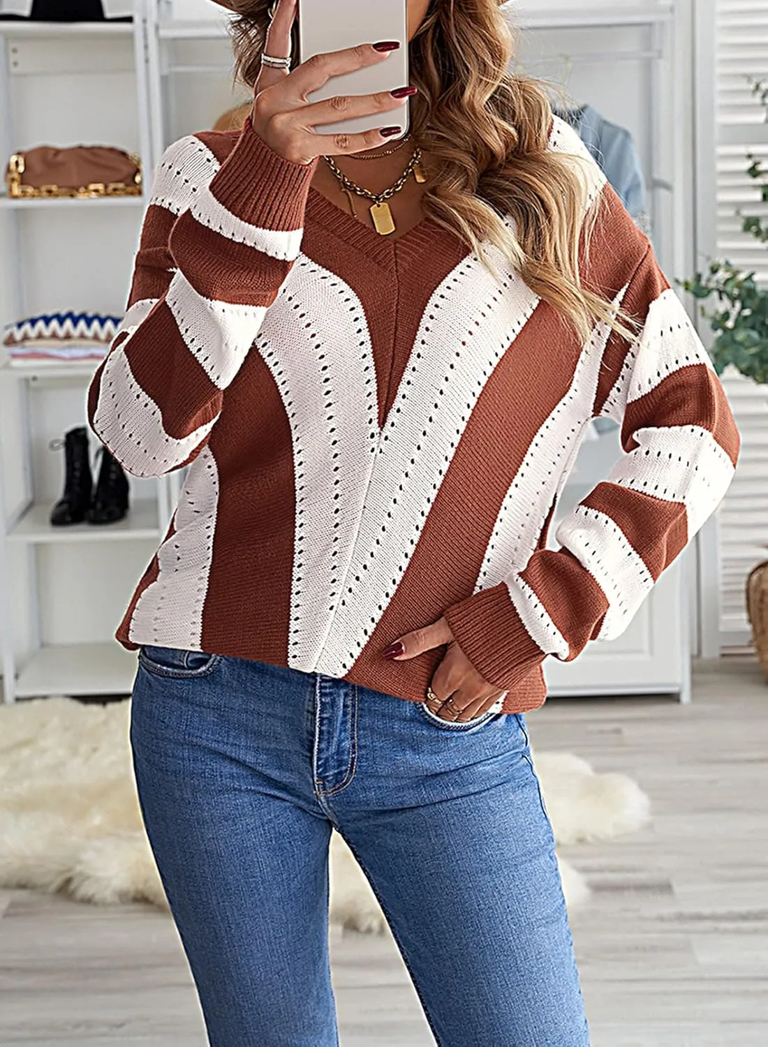 FEKOAFE Womens 2025 Deep V Neck Sweaters Striped Long Sleeve Knit Pullover Sweaters for Women