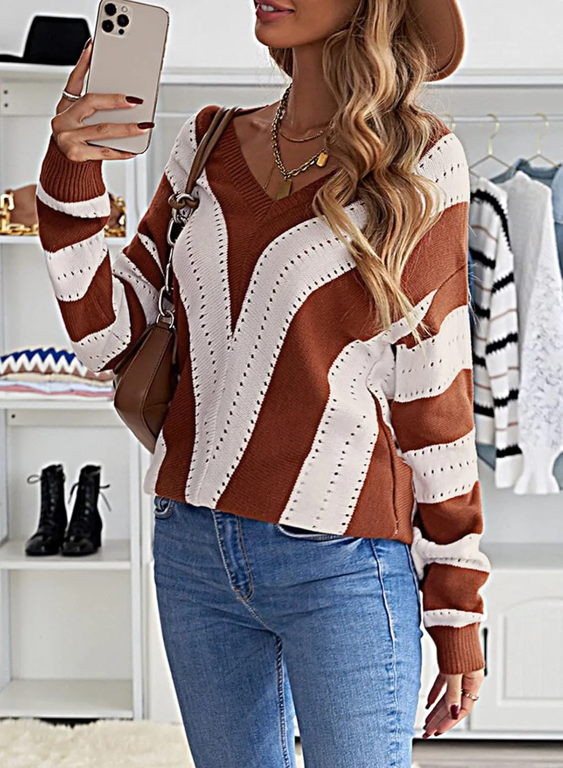 FEKOAFE Womens 2025 Deep V Neck Sweaters Striped Long Sleeve Knit Pullover Sweaters for Women