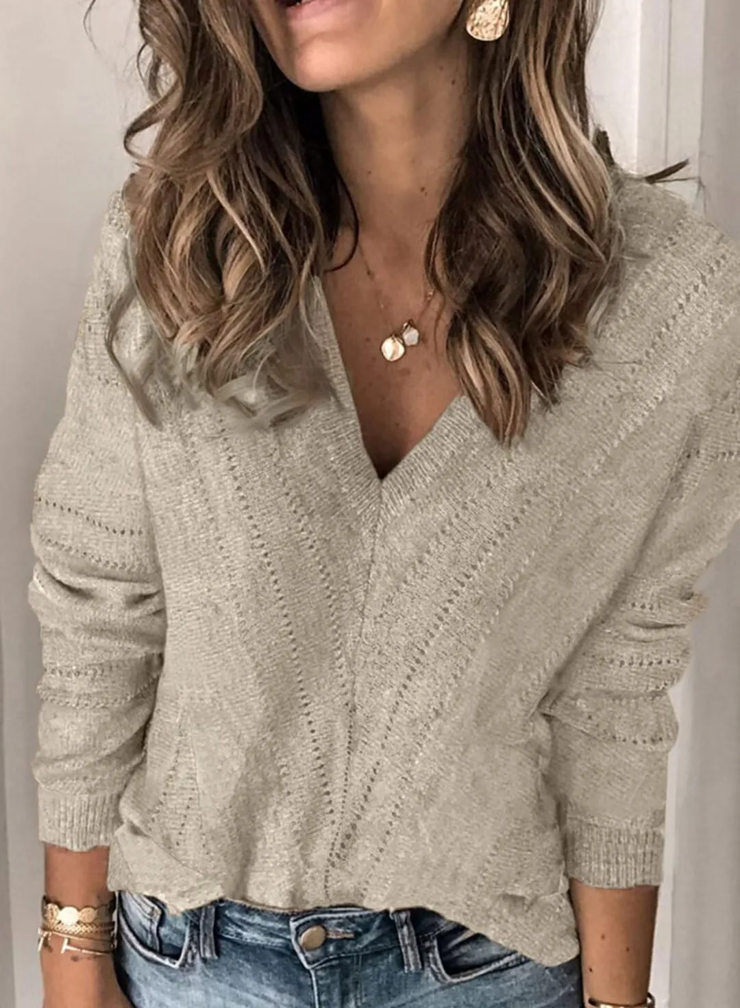 FEKOAFE Womens 2025 Deep V Neck Sweaters Striped Long Sleeve Knit Pullover Sweaters for Women