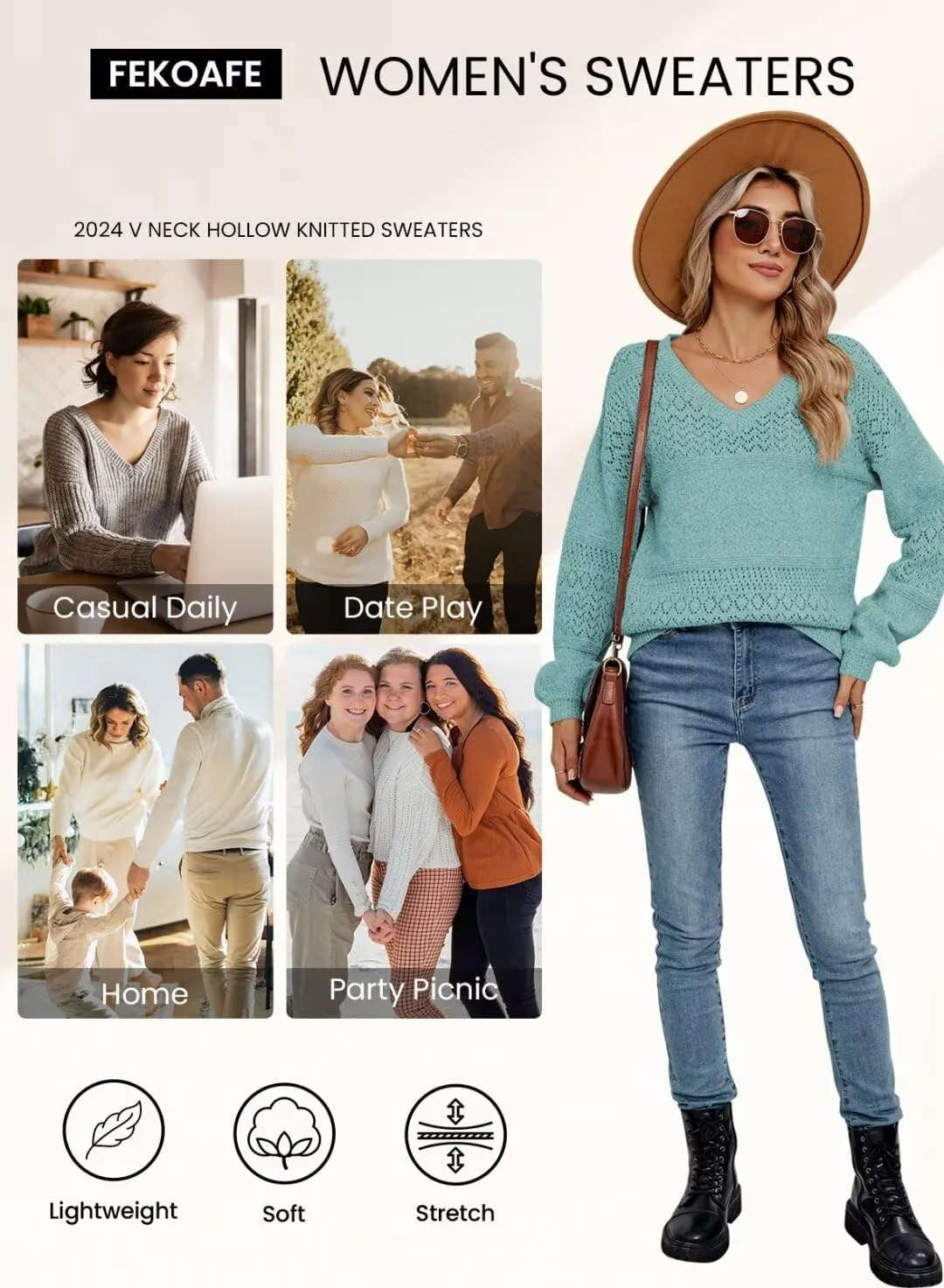 FEKOAFE Womens Sweaters 2025 Fall V Neck Long Sleeve Hollow Knit Pullover Sweaters for Women