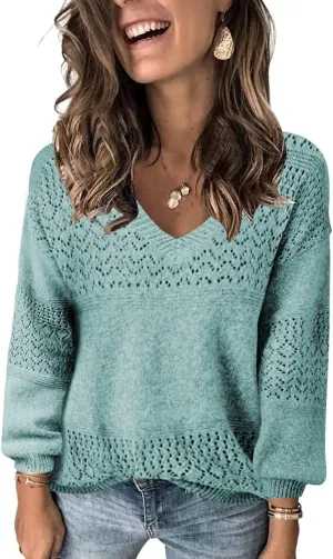 FEKOAFE Womens Sweaters 2025 Fall V Neck Long Sleeve Hollow Knit Pullover Sweaters for Women
