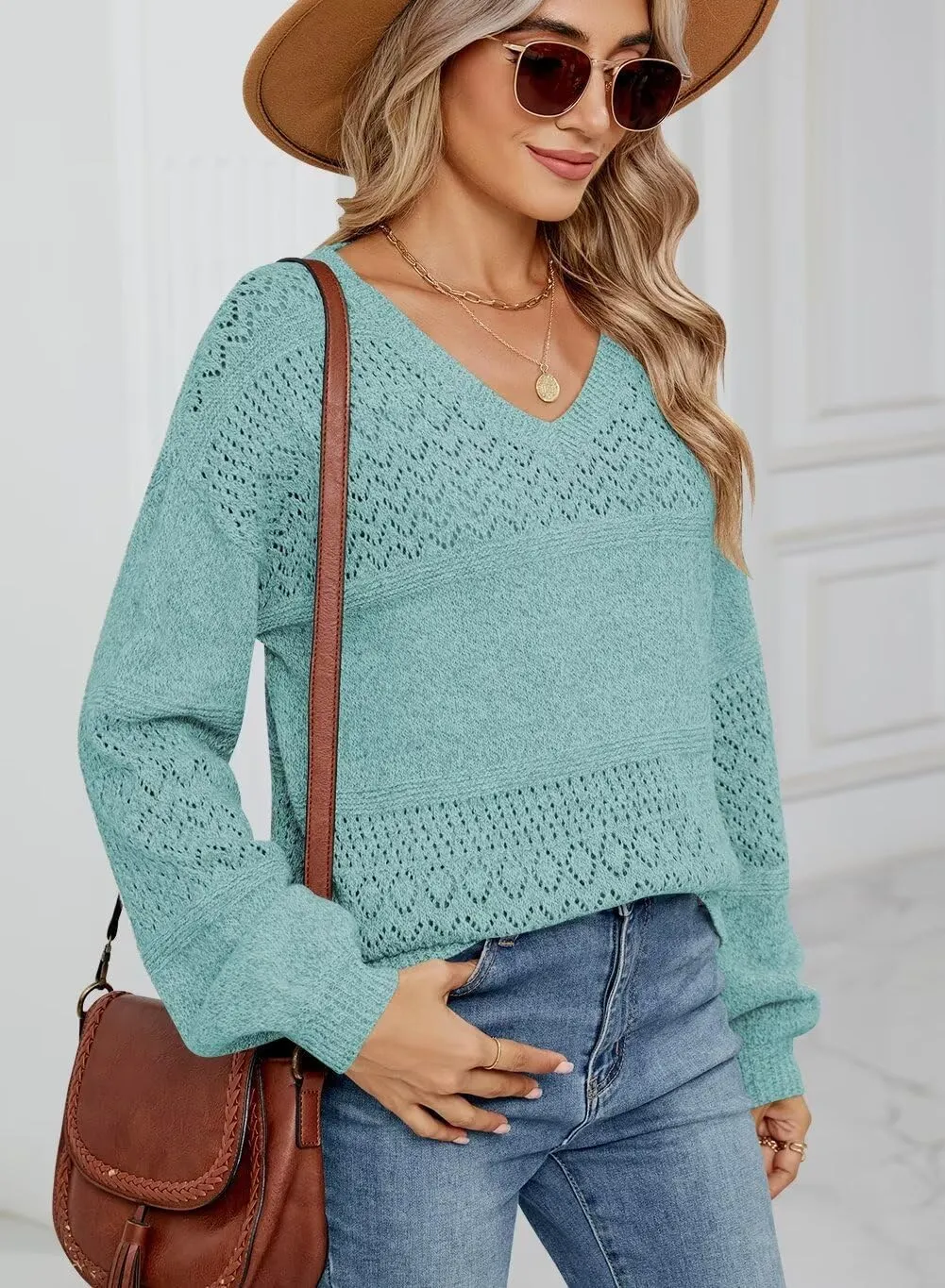 FEKOAFE Womens Sweaters 2025 Fall V Neck Long Sleeve Hollow Knit Pullover Sweaters for Women