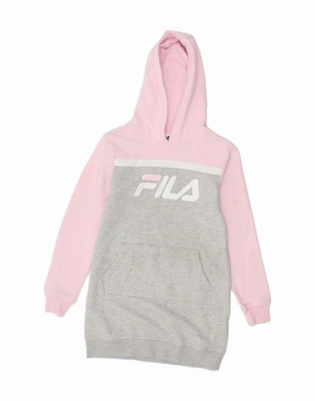 Office Shape FILA Girls Graphic Hooded Dress 10-11 Years Large  Grey Colourblock Cotton