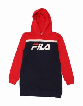 Minimal Aesthetic FILA Girls Graphic Hooded Jumper Dress 10-11 Years Large Navy Blue