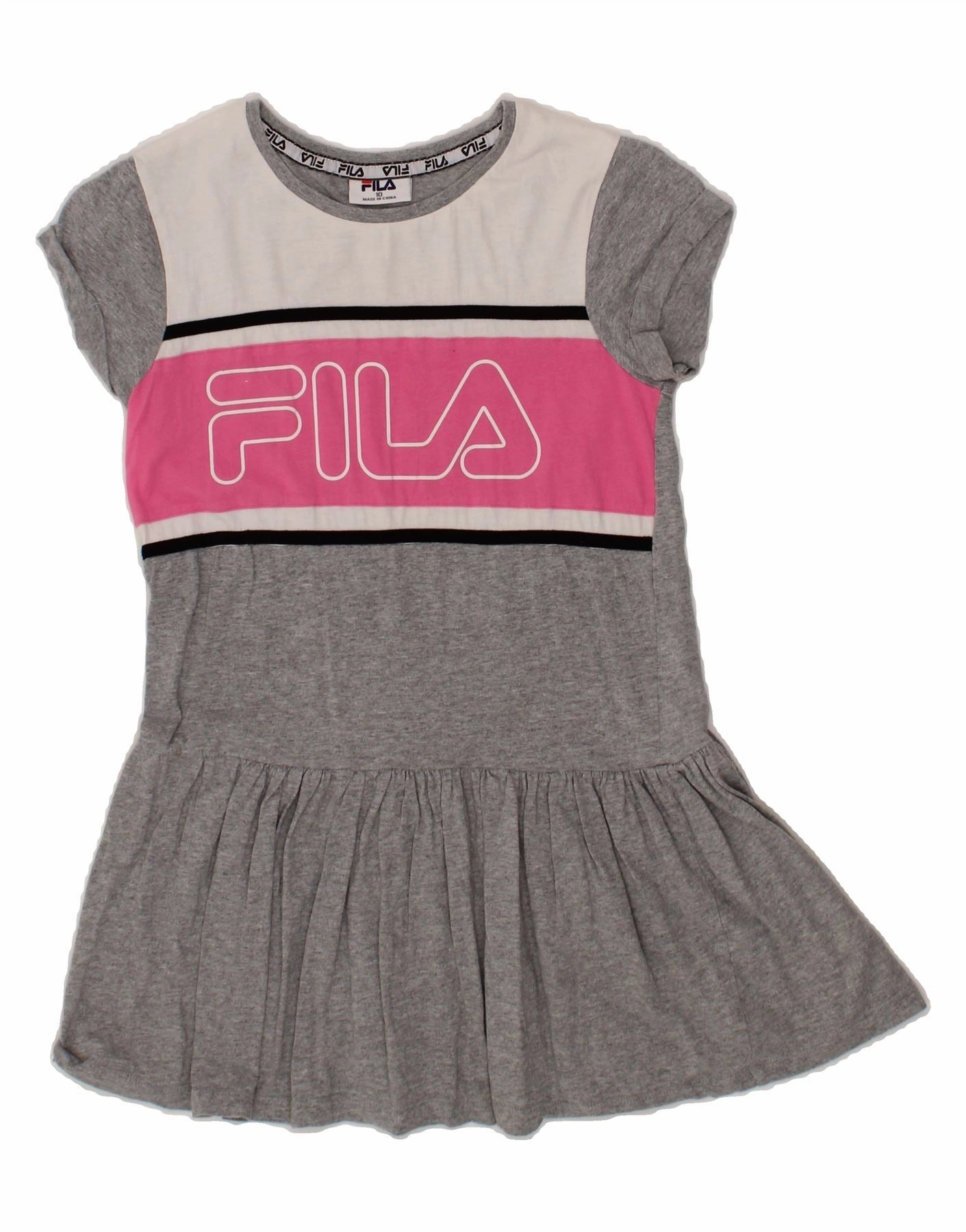 FILA Girls Graphic T-Shirt Dress 9-10 Years Grey Colourblock Cotton SeamlessConstruction
