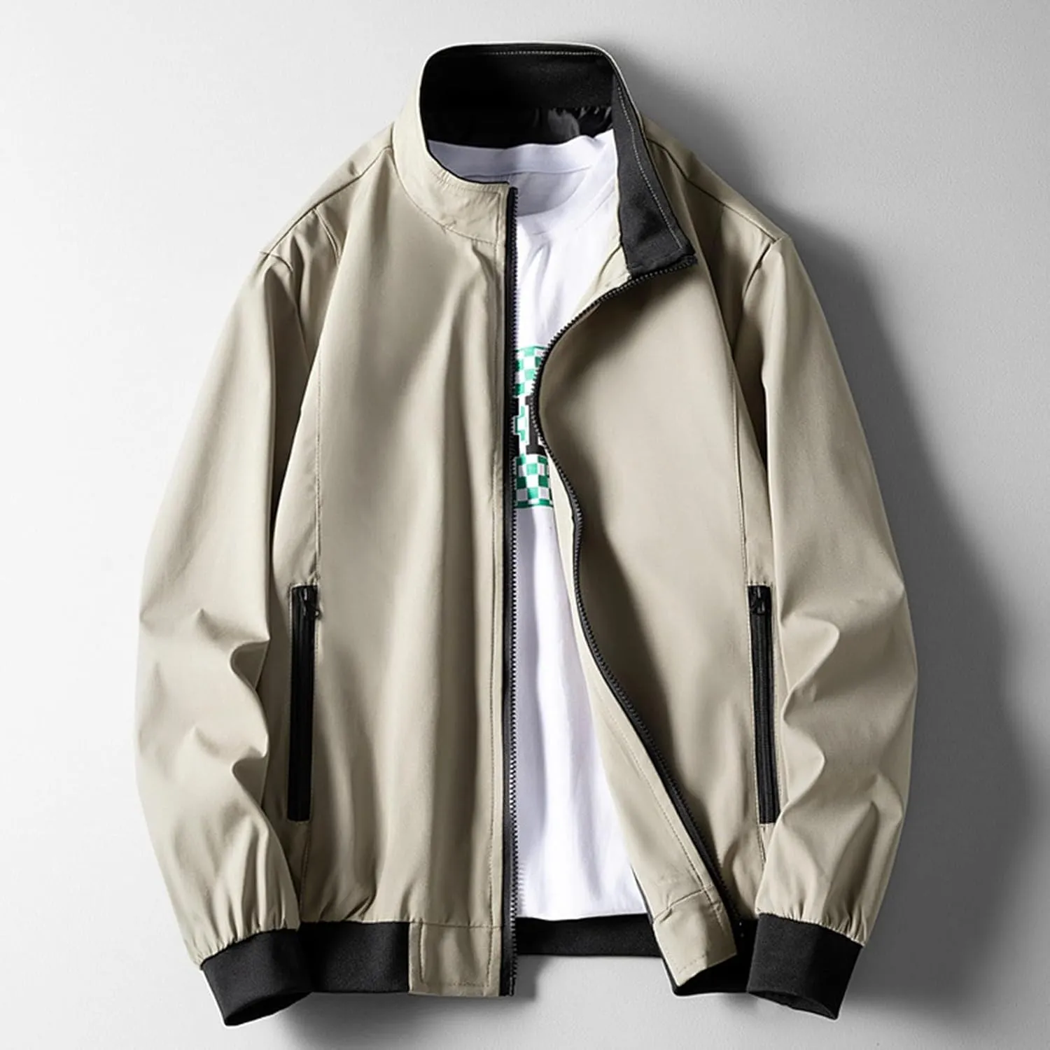 Finelylove Jacket Coat for Men Lightweight Long Sleeve Stand Collar Bomber Jacket Active Outdoor Windbreaker with Pocket