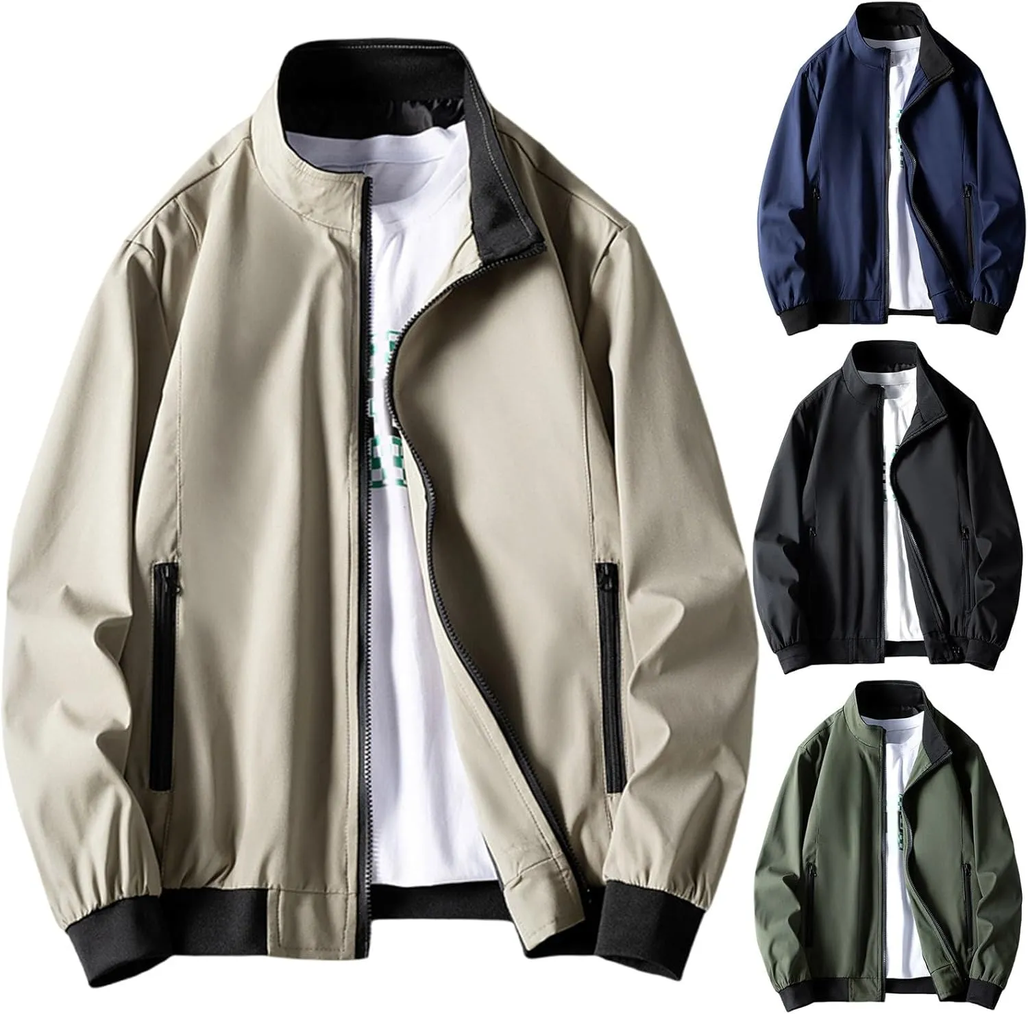 Finelylove Jacket Coat for Men Lightweight Long Sleeve Stand Collar Bomber Jacket Active Outdoor Windbreaker with Pocket