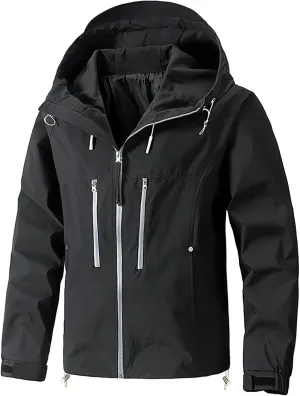 Finelylove Mens Rain Jacket Waterproof Drawstring Hooded Windbreaker Softshell Hiking Travel Jacket Fall Winter Coat