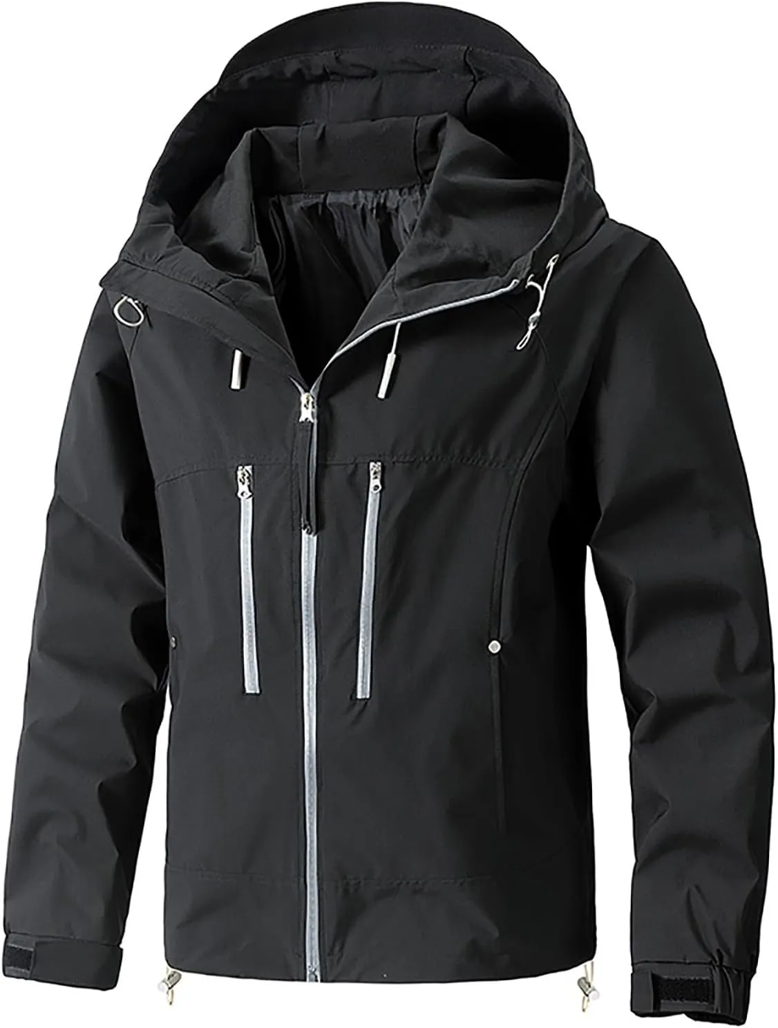 Finelylove Mens Rain Jacket Waterproof Drawstring Hooded Windbreaker Softshell Hiking Travel Jacket Fall Winter Coat