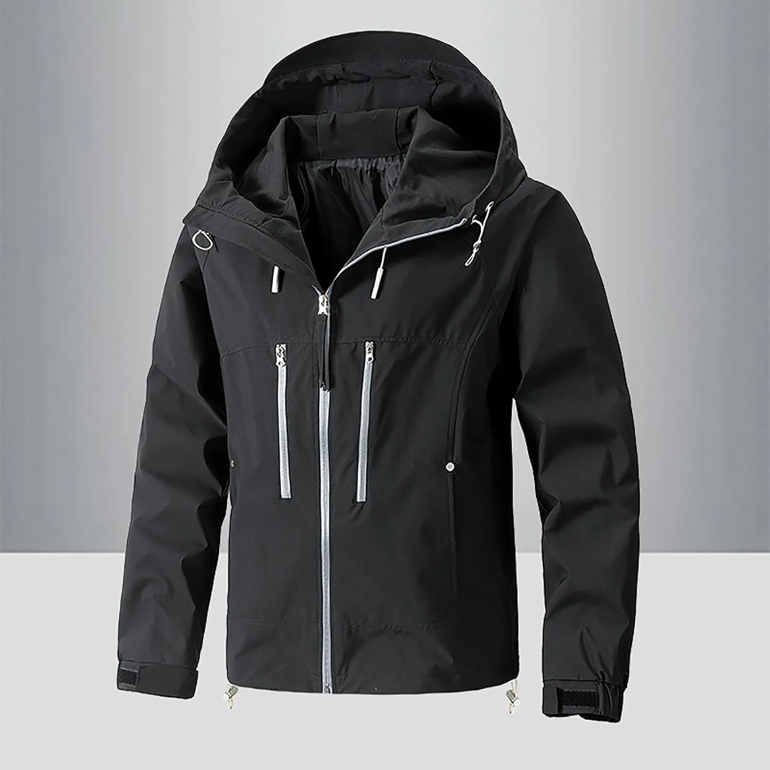 Finelylove Mens Rain Jacket Waterproof Drawstring Hooded Windbreaker Softshell Hiking Travel Jacket Fall Winter Coat