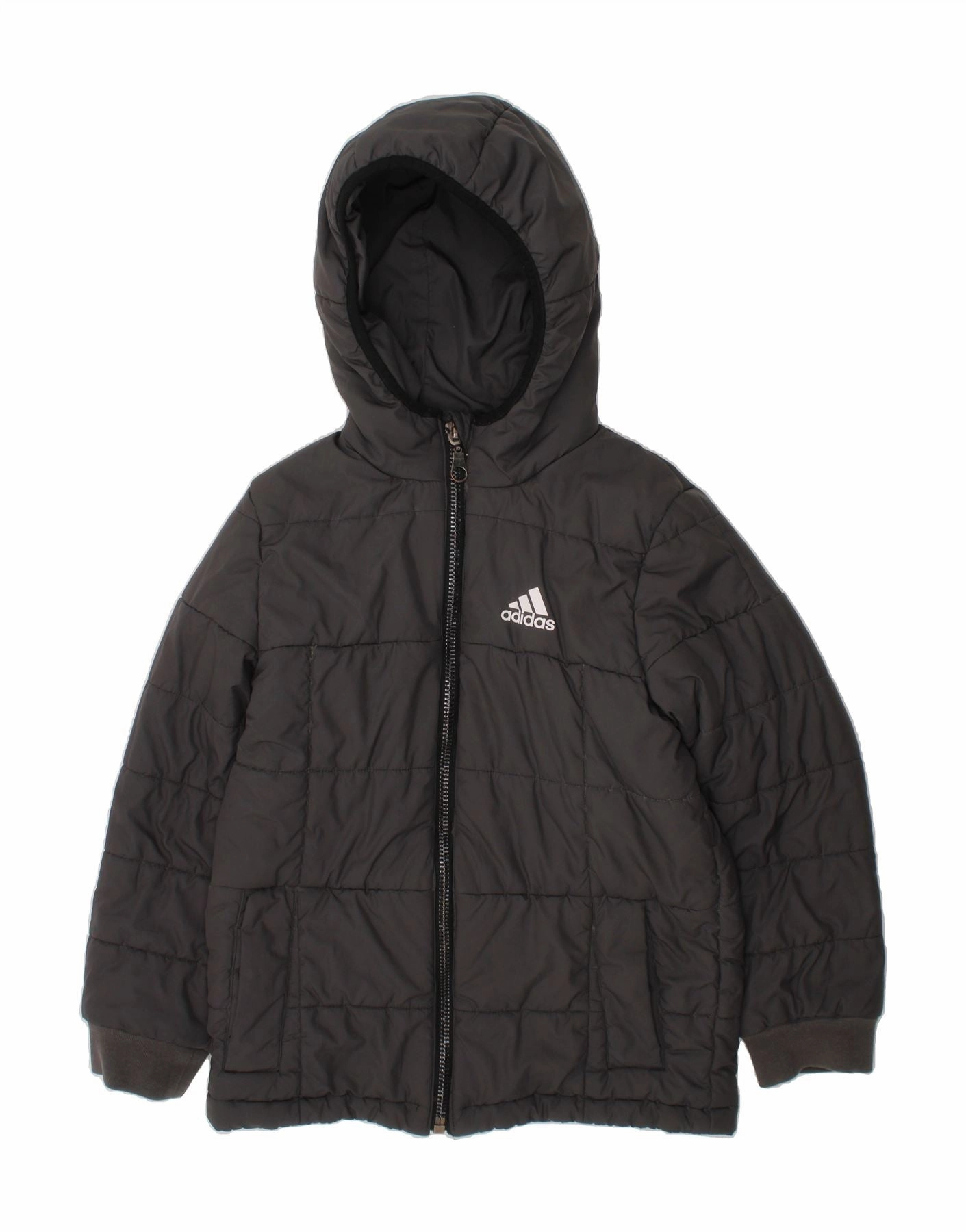 ADIDAS Boys Hooded Padded Jacket 7-8 Years Grey Polyester Layered Insulation