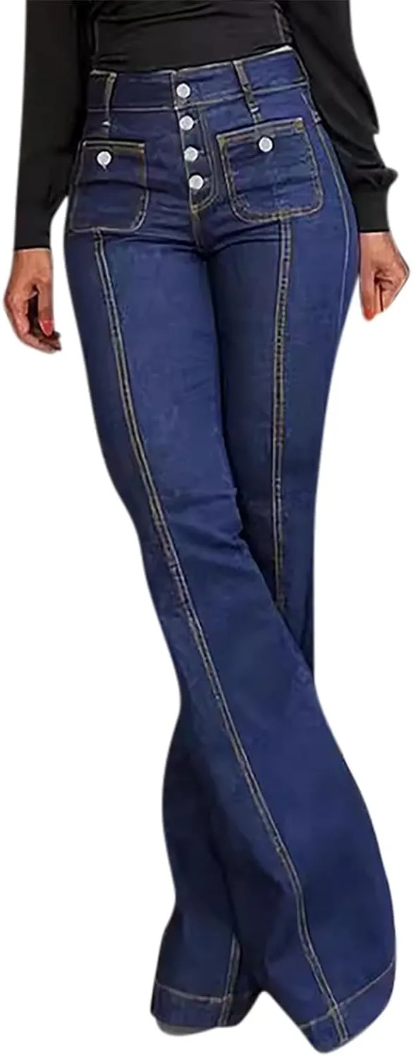 Flare Jeans for Women Fashion High Waist Button Denim Pants Casual Stretch Bootcut Jeans Skinny Bell Bottom Jeans