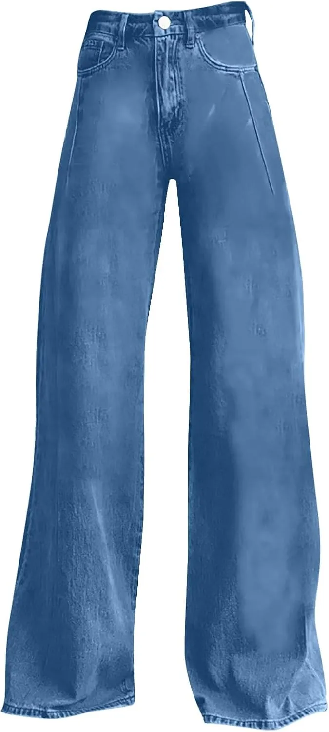 Flare Jeans for Women Wide Leg Baggy Pant 2025 Casual Summer High Waisted Straight Y2K Streetwear Denim Pants with Pockets