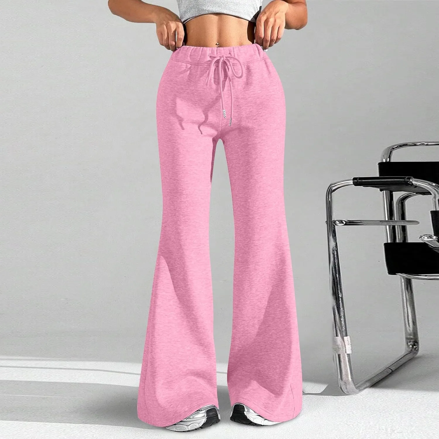 Flare Wide Leg Sweatpants Women Fleece Drawstring Low Rise Jogger Pants Cute Bell Bottom Sweat Pants with Pockets