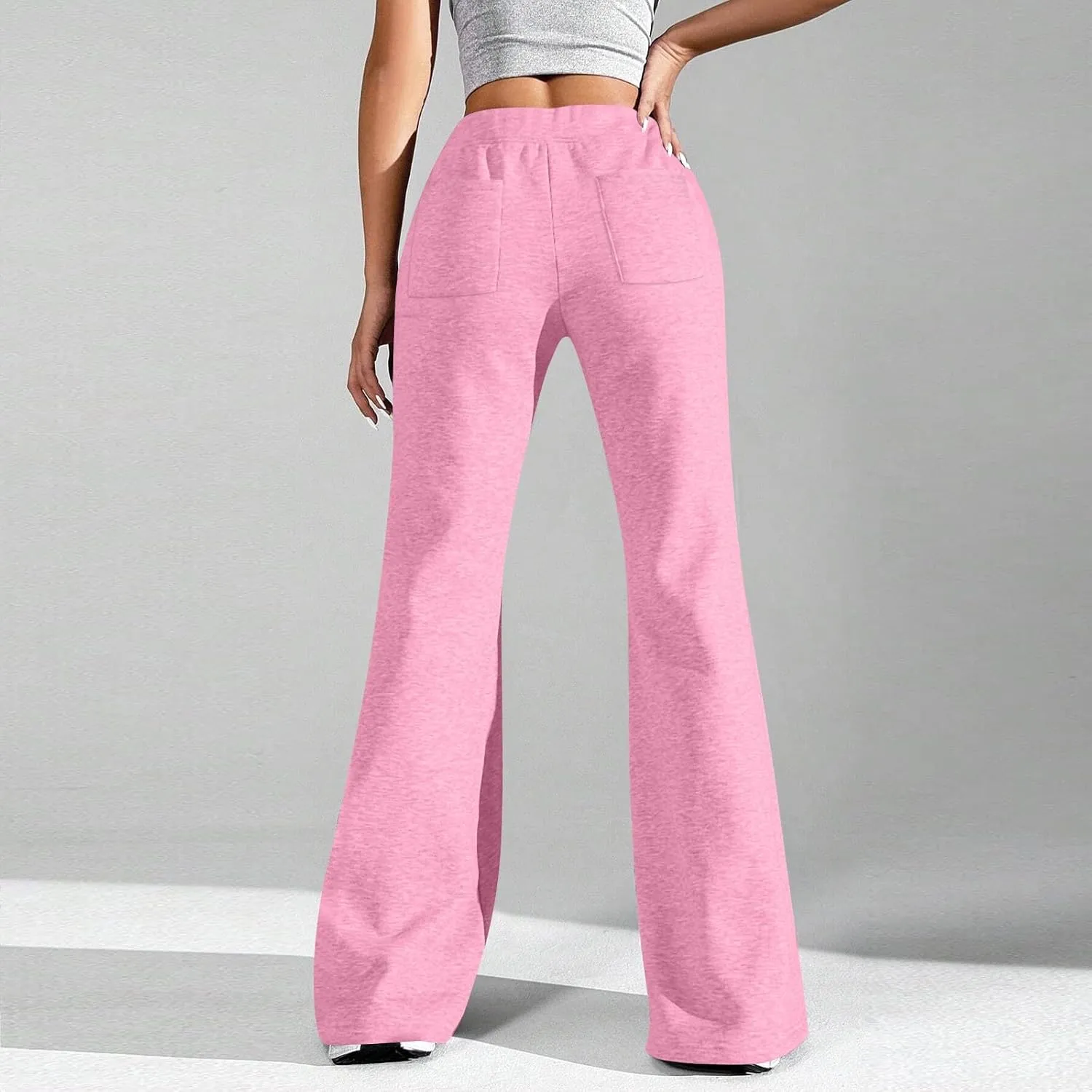 Flare Wide Leg Sweatpants Women Fleece Drawstring Low Rise Jogger Pants Cute Bell Bottom Sweat Pants with Pockets
