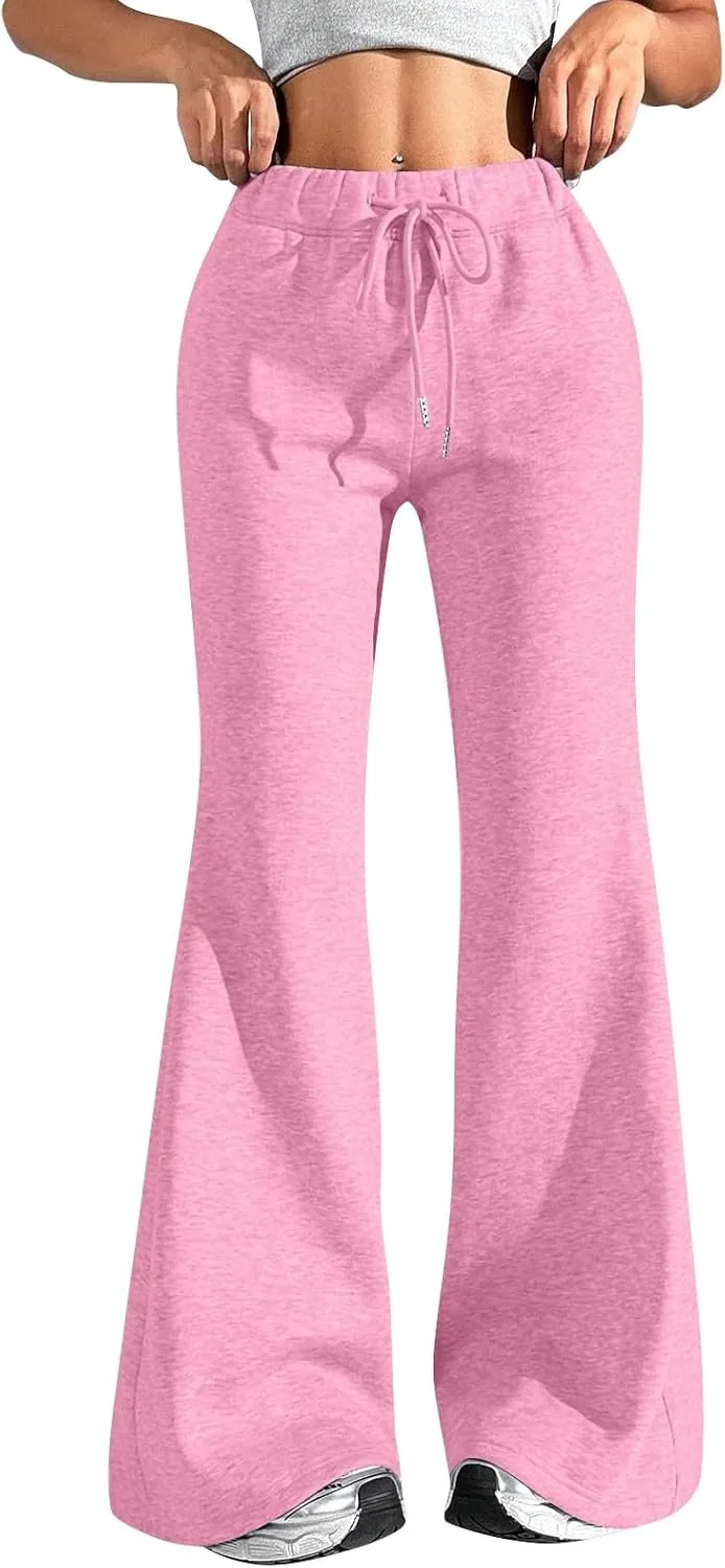 Flare Wide Leg Sweatpants Women Fleece Drawstring Low Rise Jogger Pants Cute Bell Bottom Sweat Pants with Pockets
