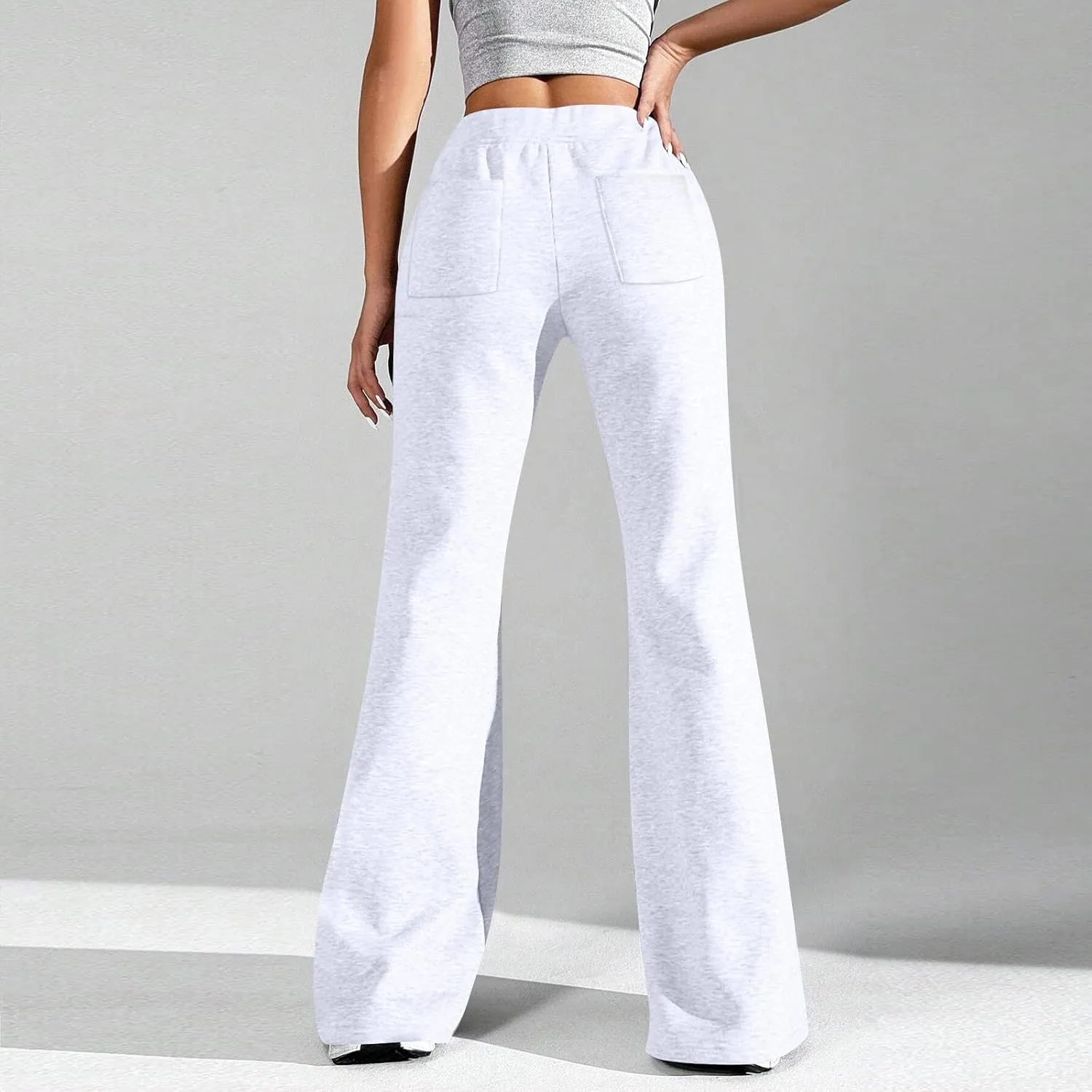 Flare Wide Leg Sweatpants Women Fleece Drawstring Low Rise Jogger Pants Cute Bell Bottom Sweat Pants with Pockets