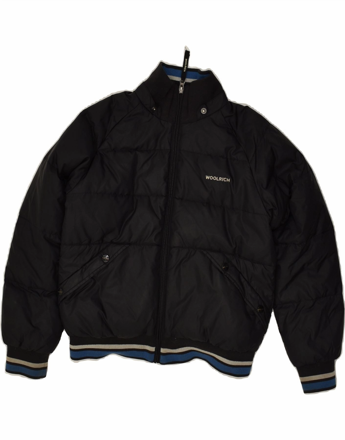 Clean Edge Rollaway Collar Feature WOOLRICH Boys Graphic Padded Jacket 9-10 Years Black Nylon