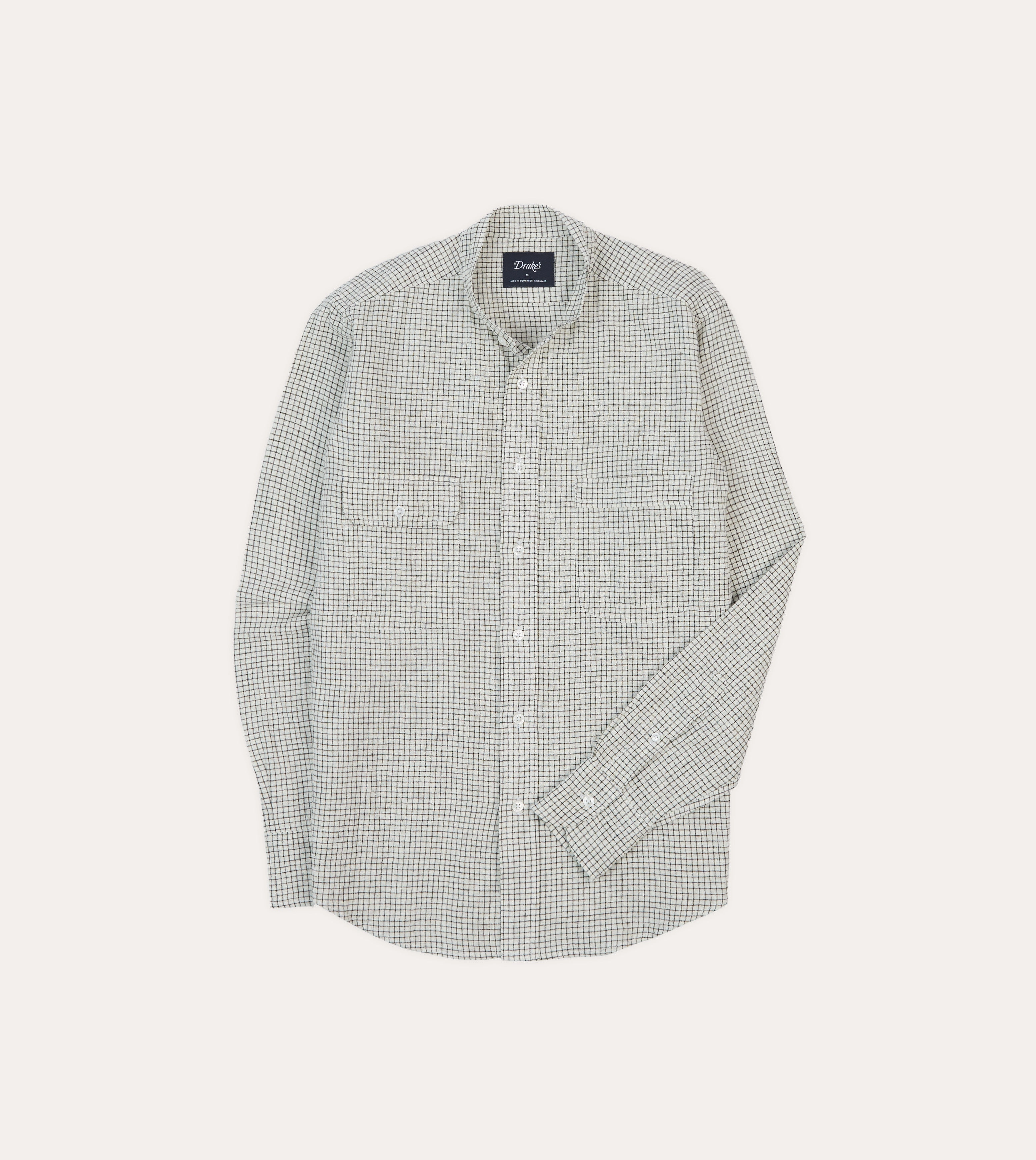 Moisture wicking UV Protective Coating Ecru Check Linen-Cotton Mandarin Collar Shirt