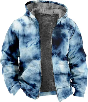 Fleece Hoodies for Men Tie Dye Fashion Coat Zip Up Casual Jacket Long Sleeve Comfort Outwear Hooded Sweatshirts with Pocket Sweatshirts for Men